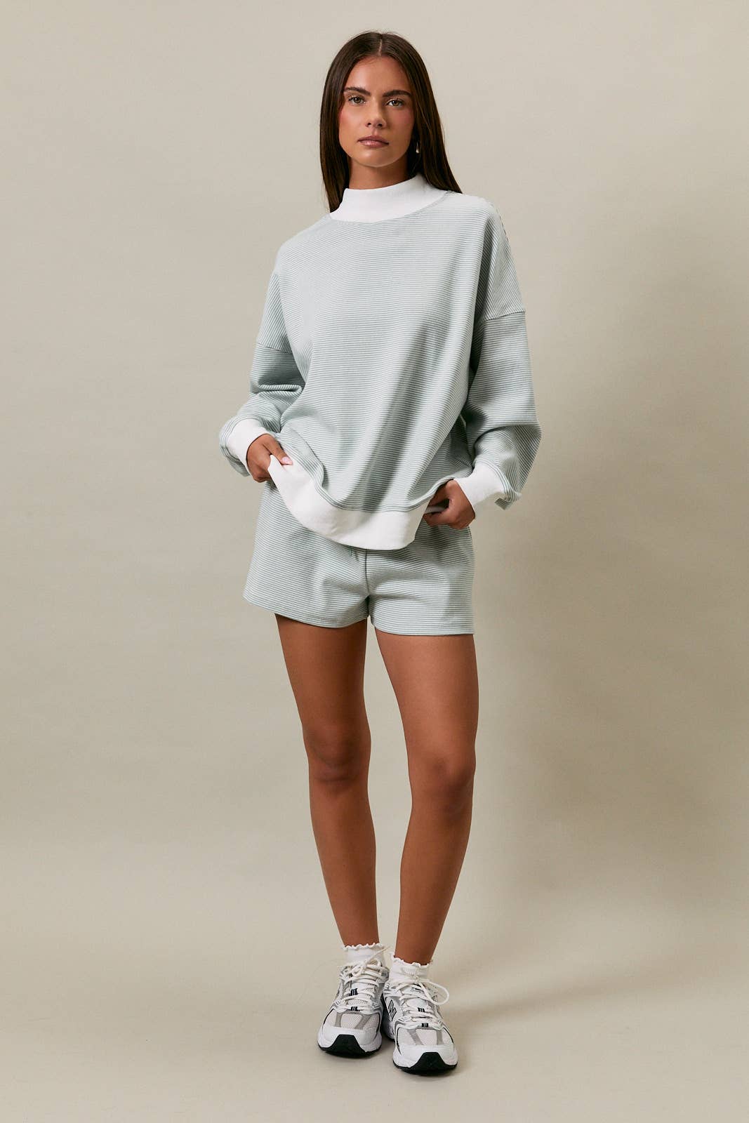 Mock Neck Stripe Sweatshirt - Sage Cream Stripe