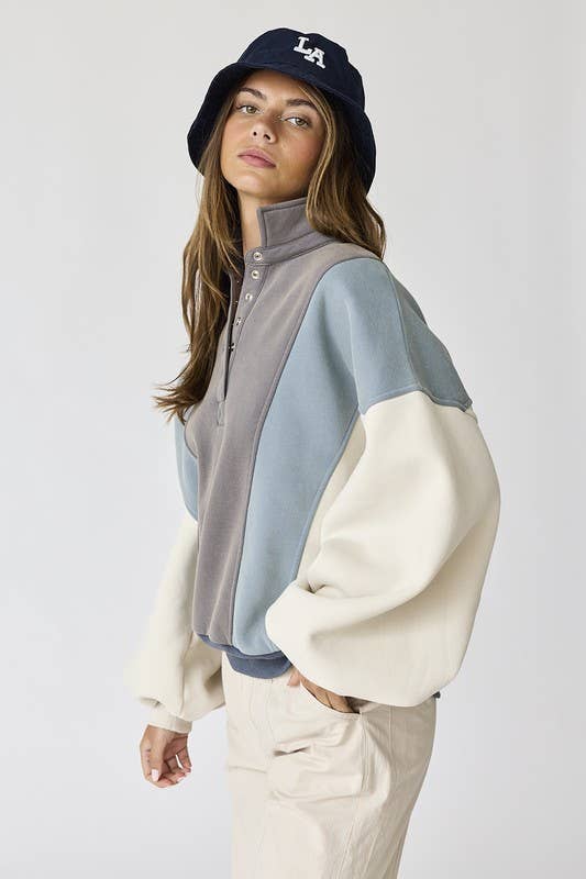 Emma Regular Length Oversized Washed Colorblock Sw: Blue Multi