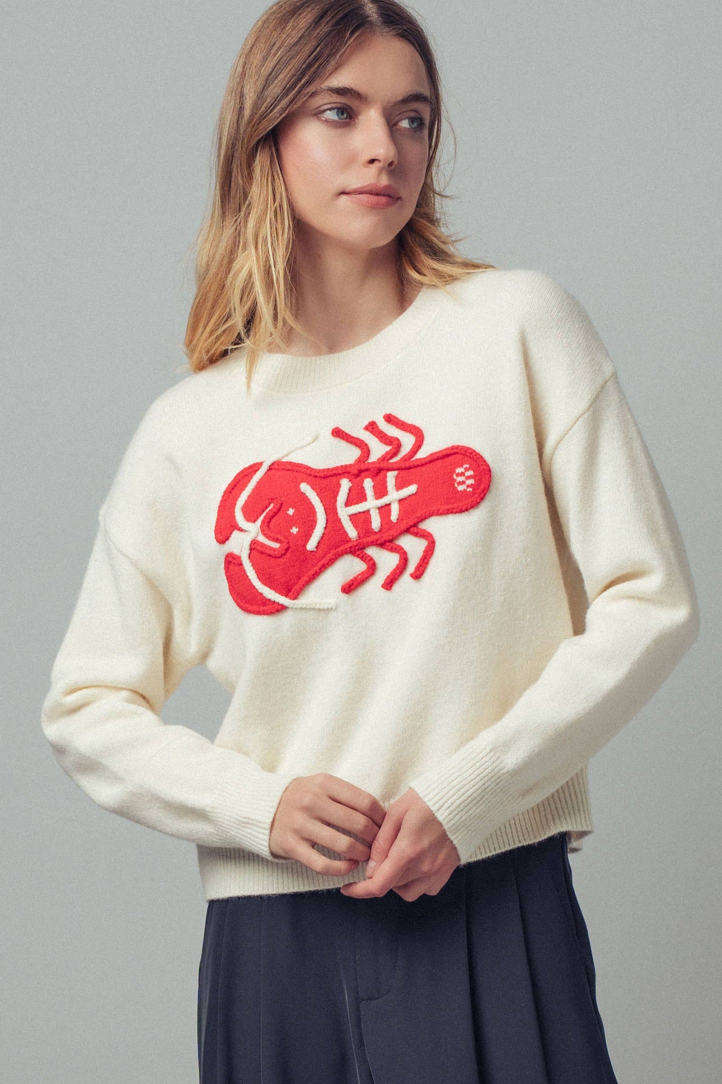 Embroidered Red Lobster Nautical Sweater - Ivory