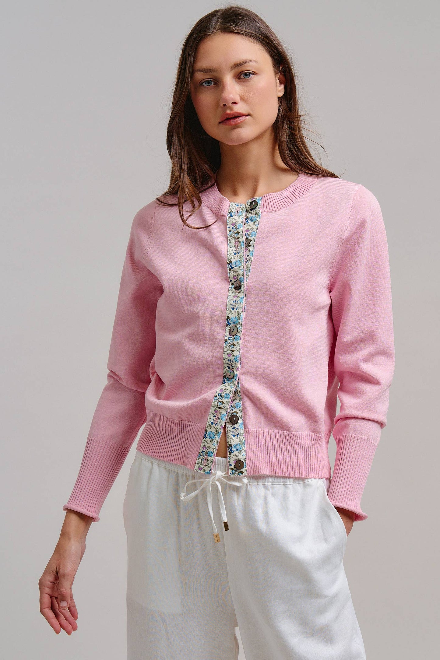 Contrast Floral Detail Knit Button Cardigan - Pink