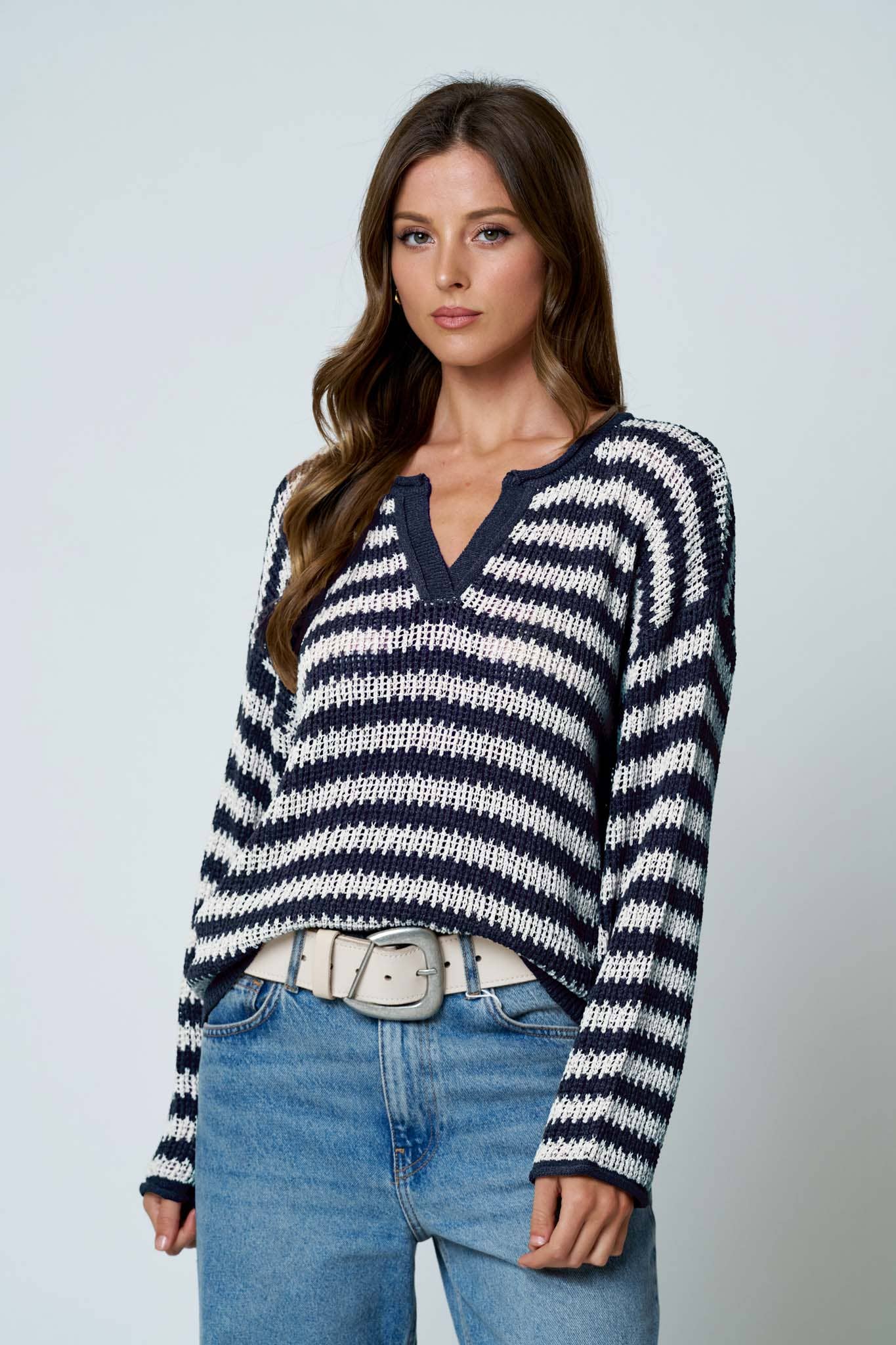 STRIPE RAW EDGE SPLIT NECK SHEER KNIT SWEATER - NAVY