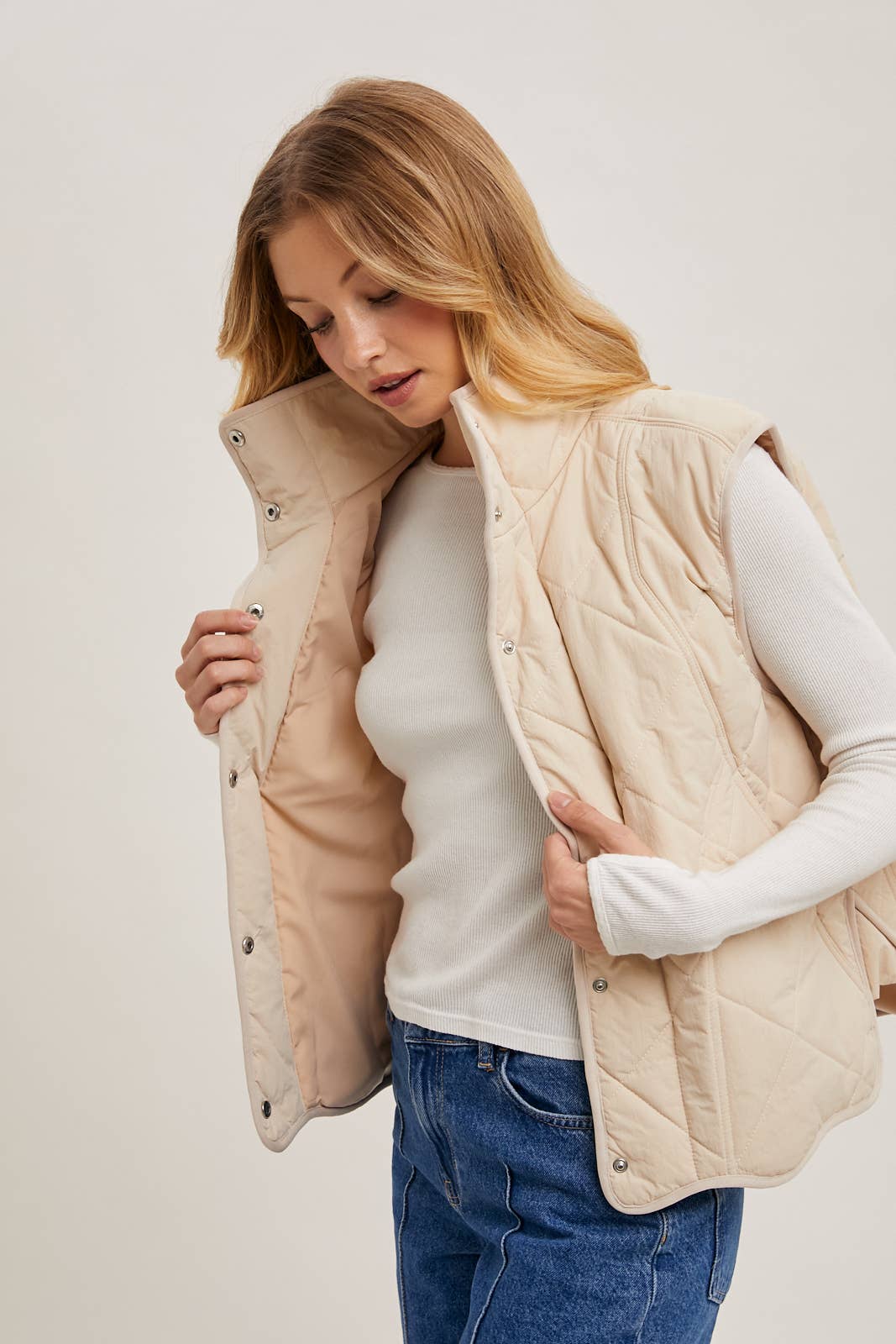 Button Down Quilted Puffer Vest with Pockets: Beige