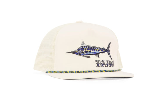 Black Marlin King Flat Brim Twill Trucker Hat