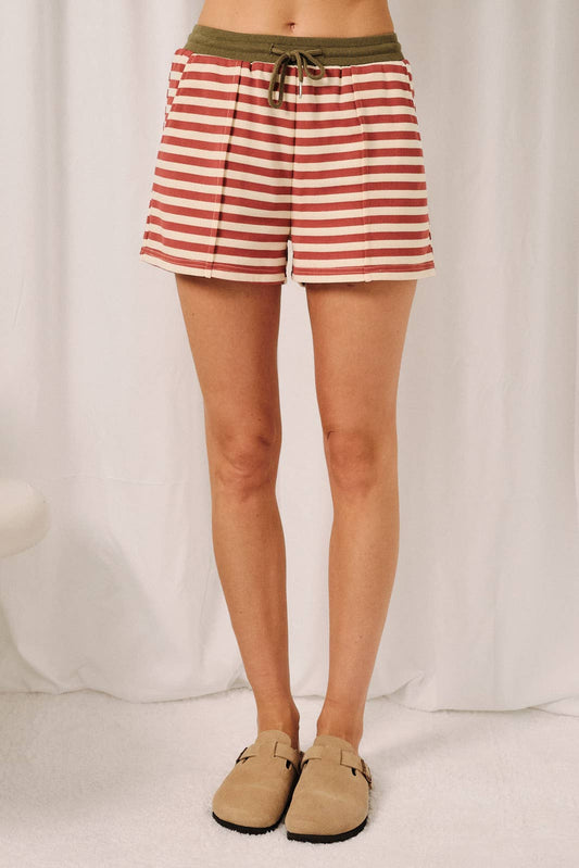 Drawstring Contrast Detail Pintuck Stripe Sweatshorts: Cream-Mauve Stripe