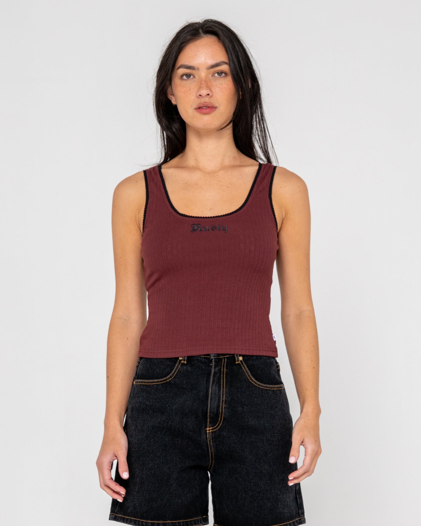 Rusty Cassian Ribbed Scoop Neck Singlet Top - Burgundy
