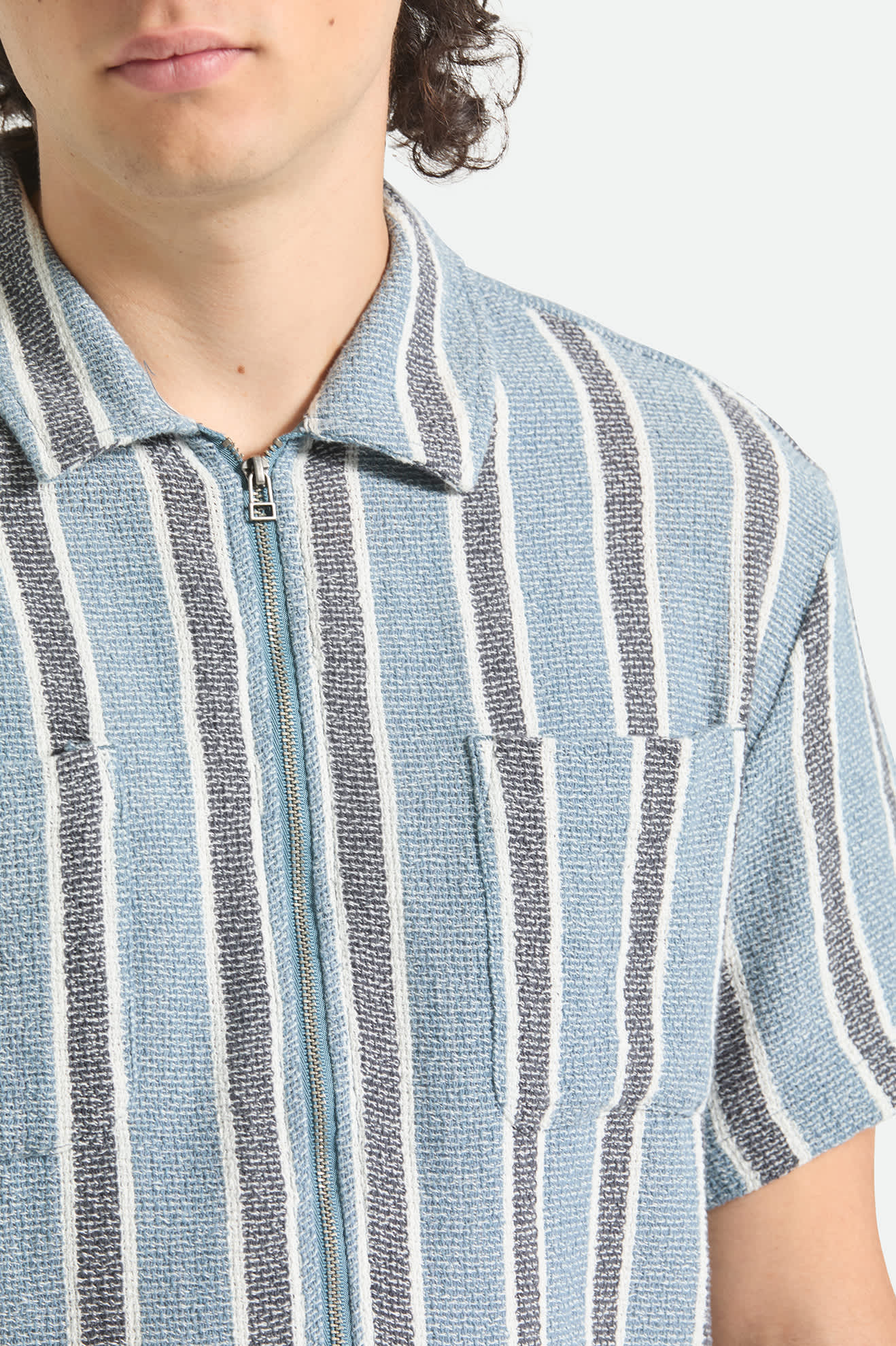 Brixton Dexter Textured Stripe S/S F/Z Shirt - Black / Dusty Blue