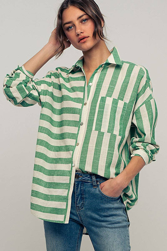 Mixed Stripe Pattern Oversized Button Down Shirt