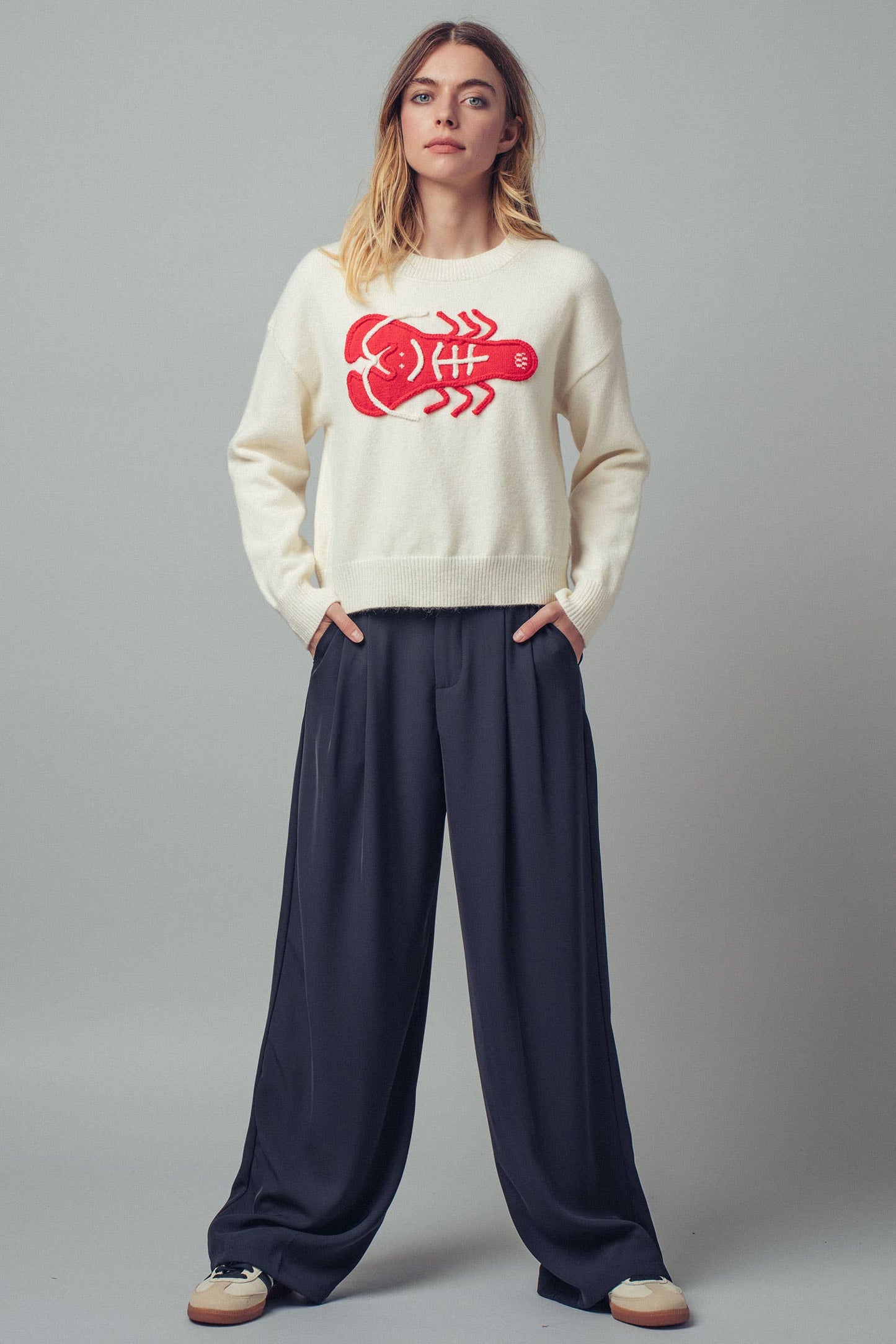 Embroidered Red Lobster Nautical Sweater - Ivory