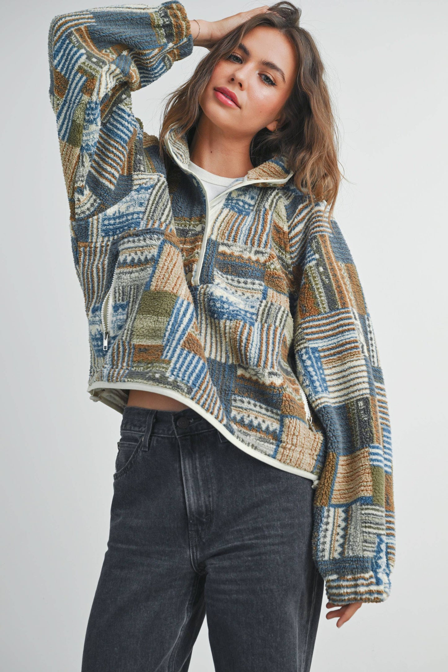 Patchwork Print Button Up Crew