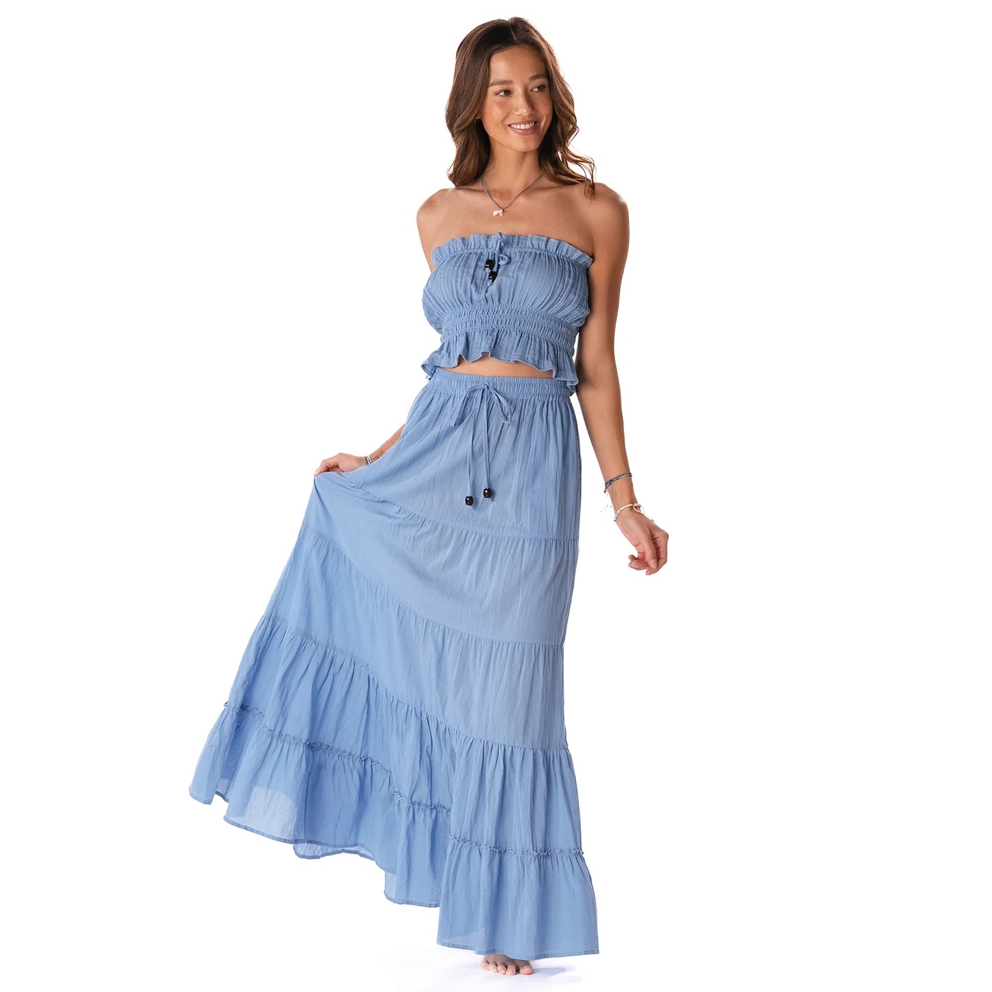 Denim Blue Shipwrecked Maxi Skirt with Bead