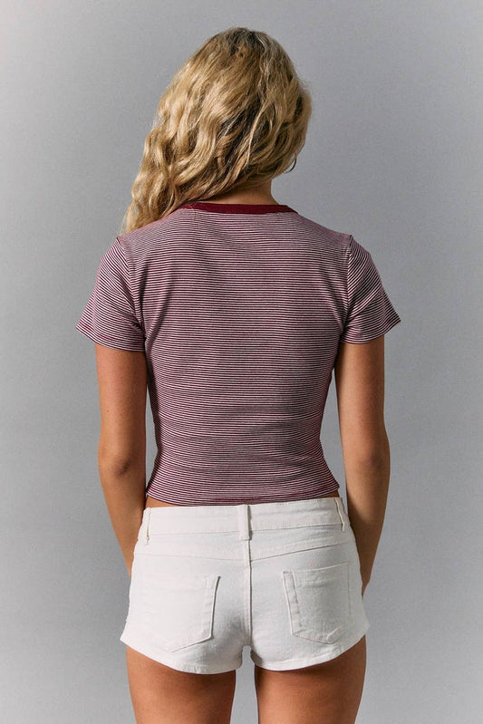 Round Neck Short Sleeve Stripe Top: Burgundy