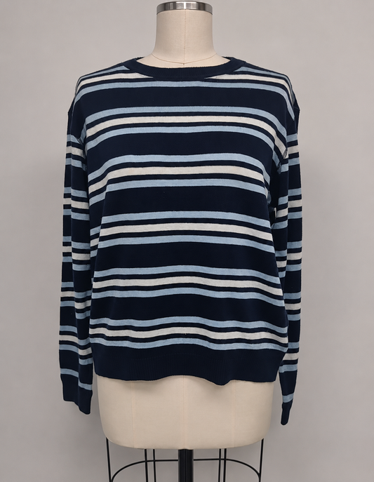 Coastal Stripe Crew Neck Sweater Top - Navy