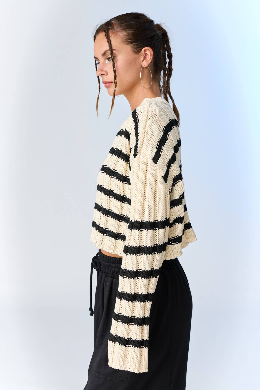 Copped Striped Sweater: Cream/Black