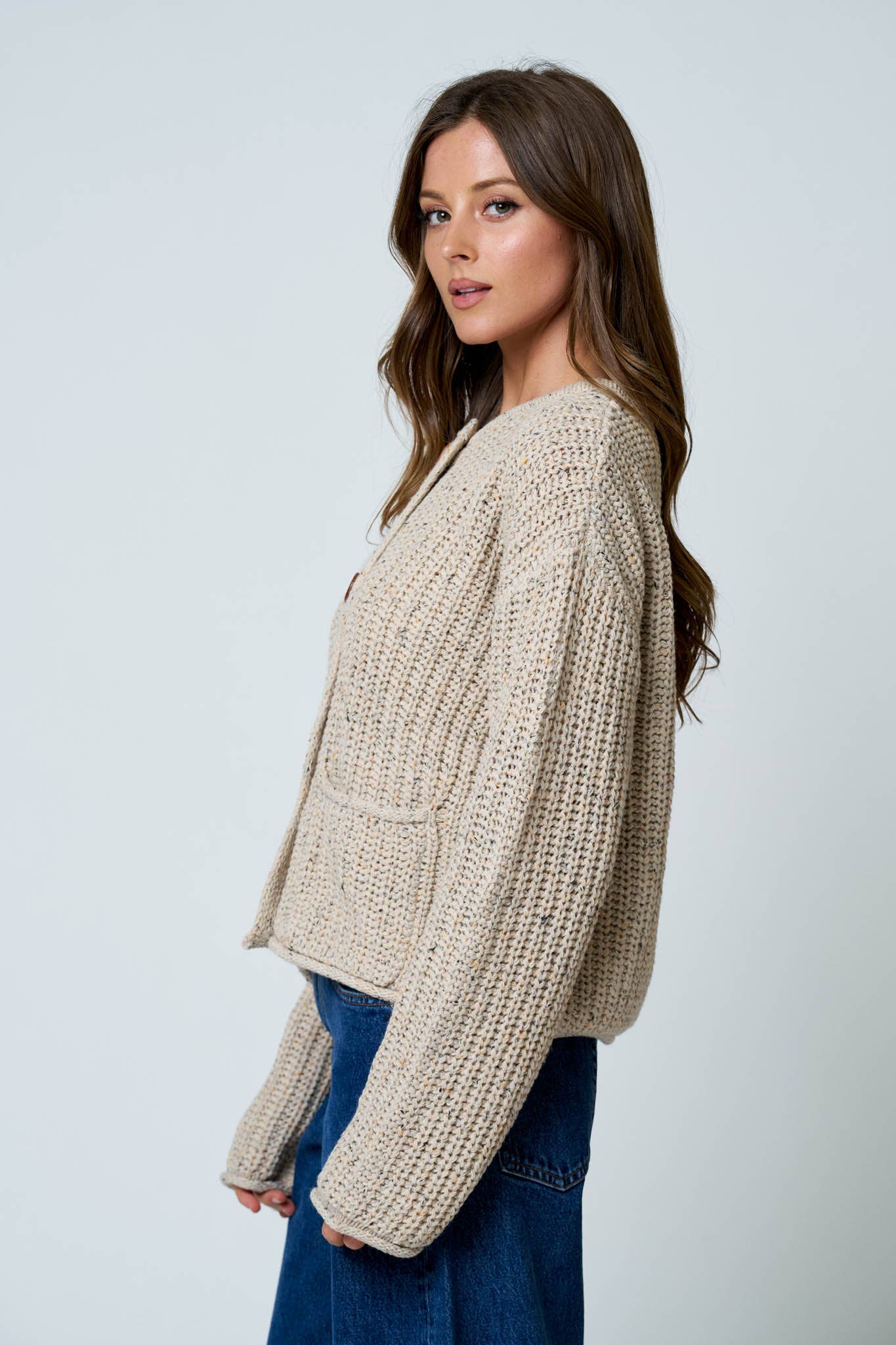 Marled Button Down Raw Edge Chunky Knit Cardigan: LIGHT KHAKI