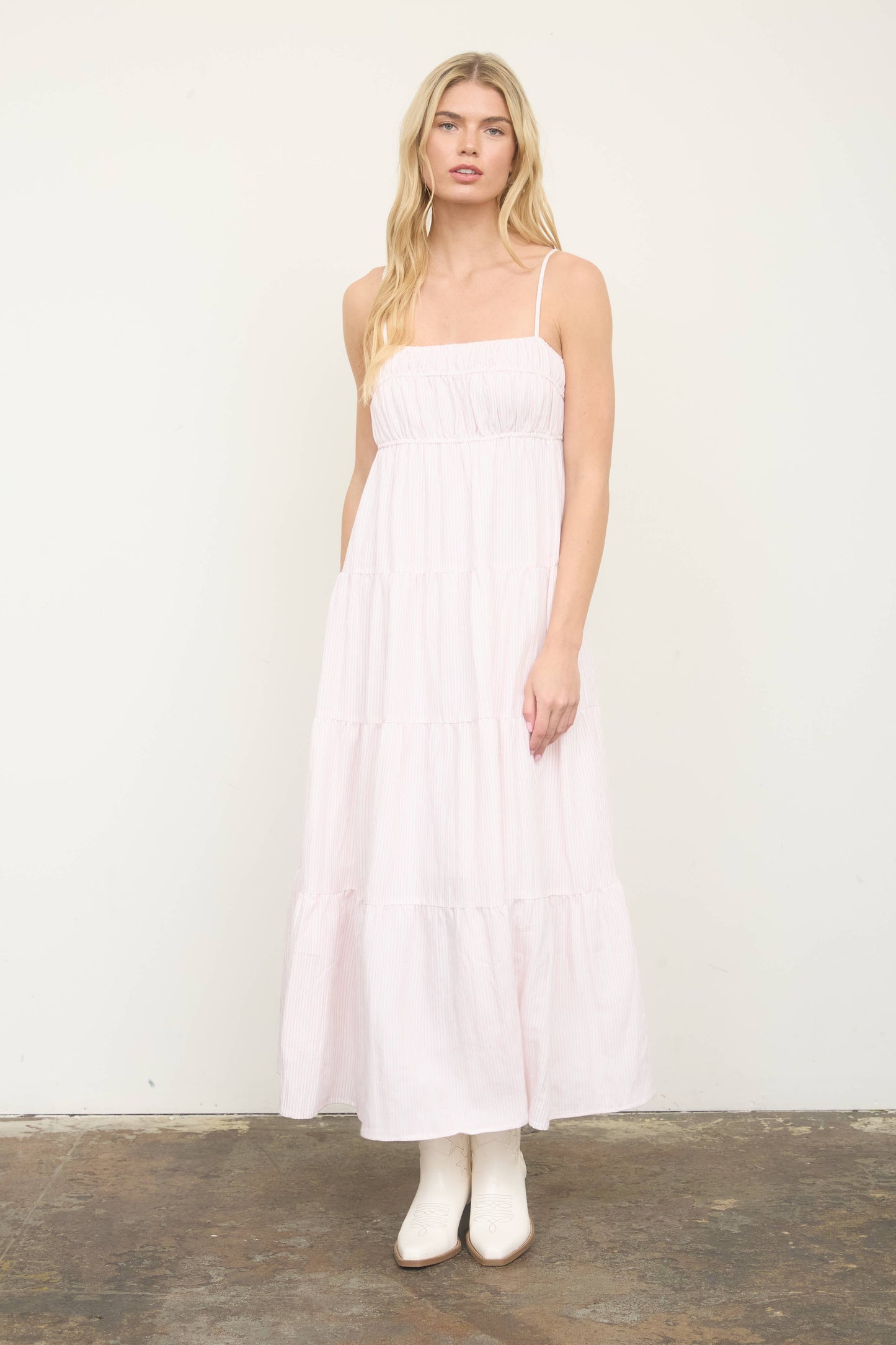 STRIPE SHIRRED EMPIRE WAIST TIERED MIDI DRESS: PINK
