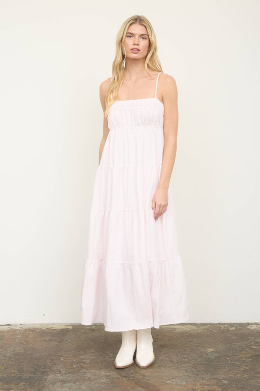 STRIPE SHIRRED EMPIRE WAIST TIERED MIDI DRESS: PINK