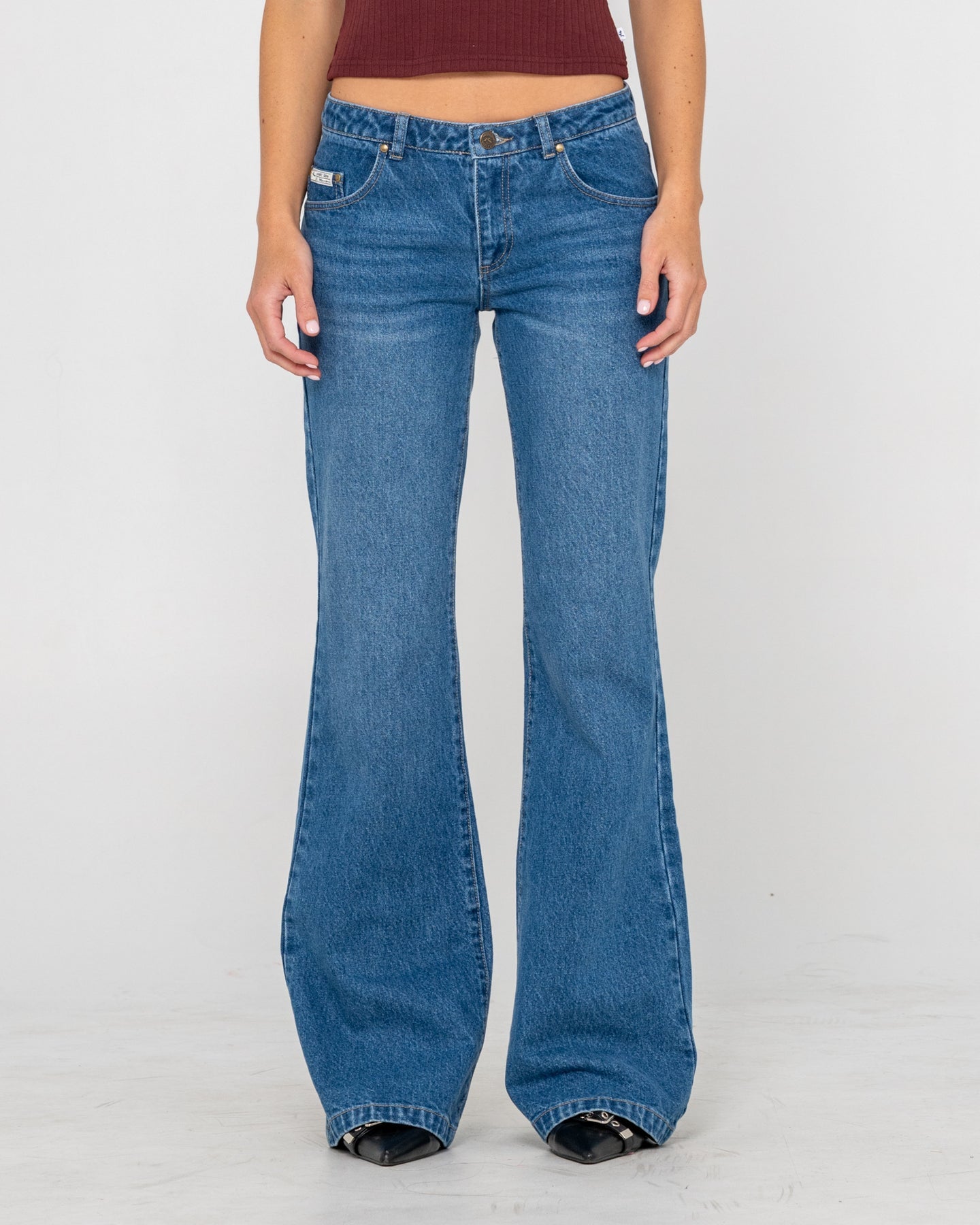 Rusty Freida Flare Low Rise Denim Jean - Blasted Middy Blue