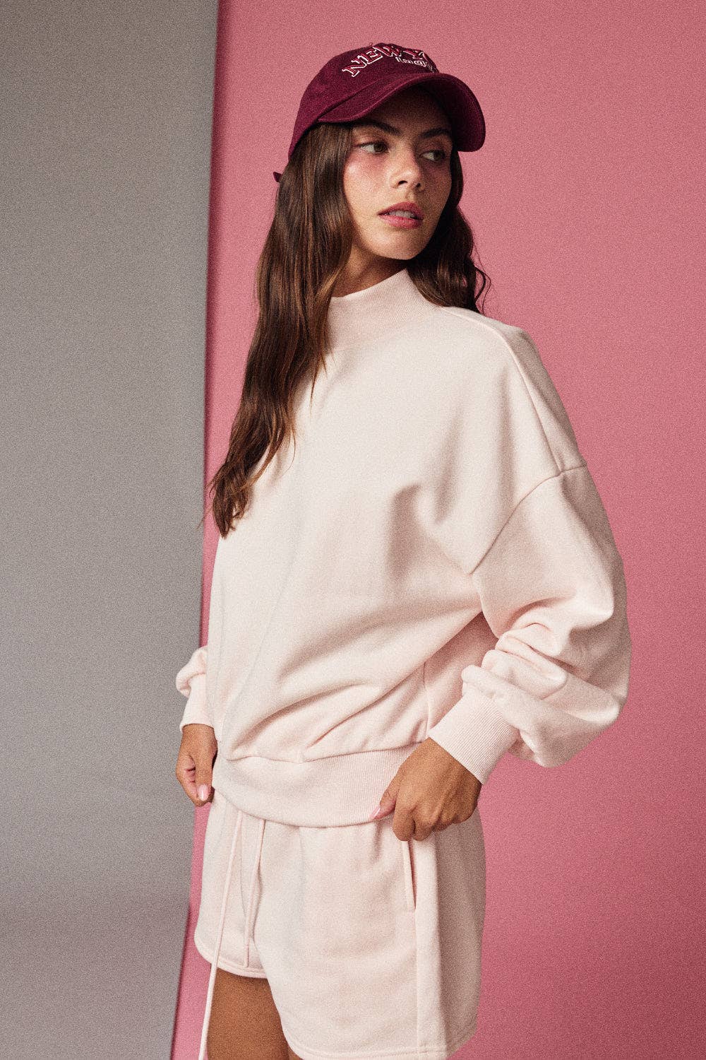 Mock Neckline Set Oversized Crew: Blush