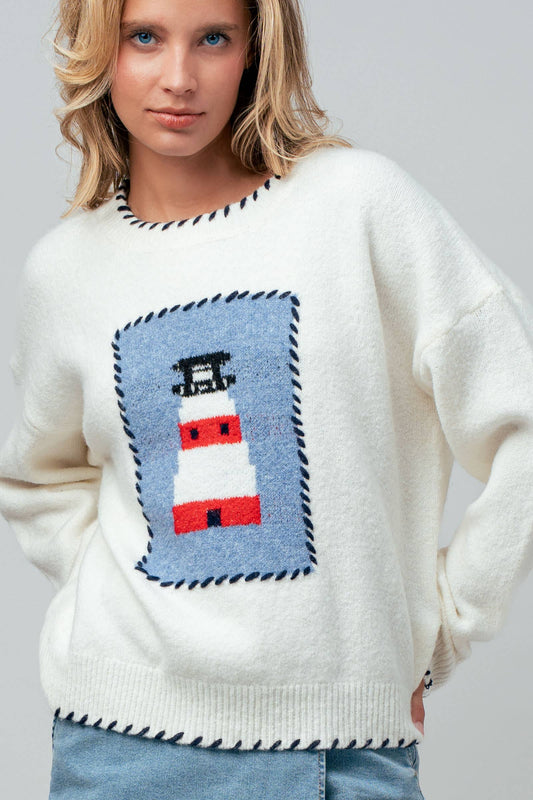 Whipstitch Trim Lighthouse Knit Sweater