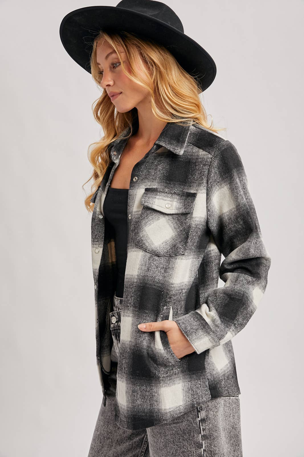 Button Down Flannel Shacket with Pockets: Black