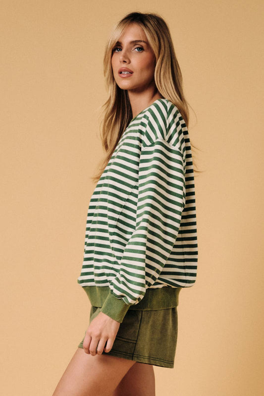 Crew Neck Long Sleeve Stripe French Terry Sweater Shirt - Green & Cream Stripe