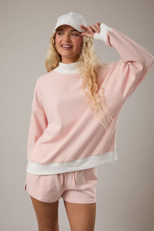 Mock Neck Stripe Sweatshirt - Peach Cream Stripe