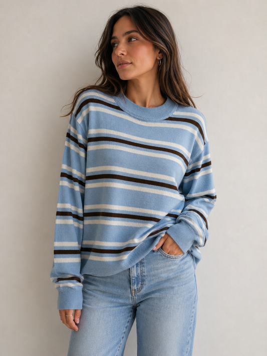 Coastal Stripe Crew Neck Sweater Top - Sky