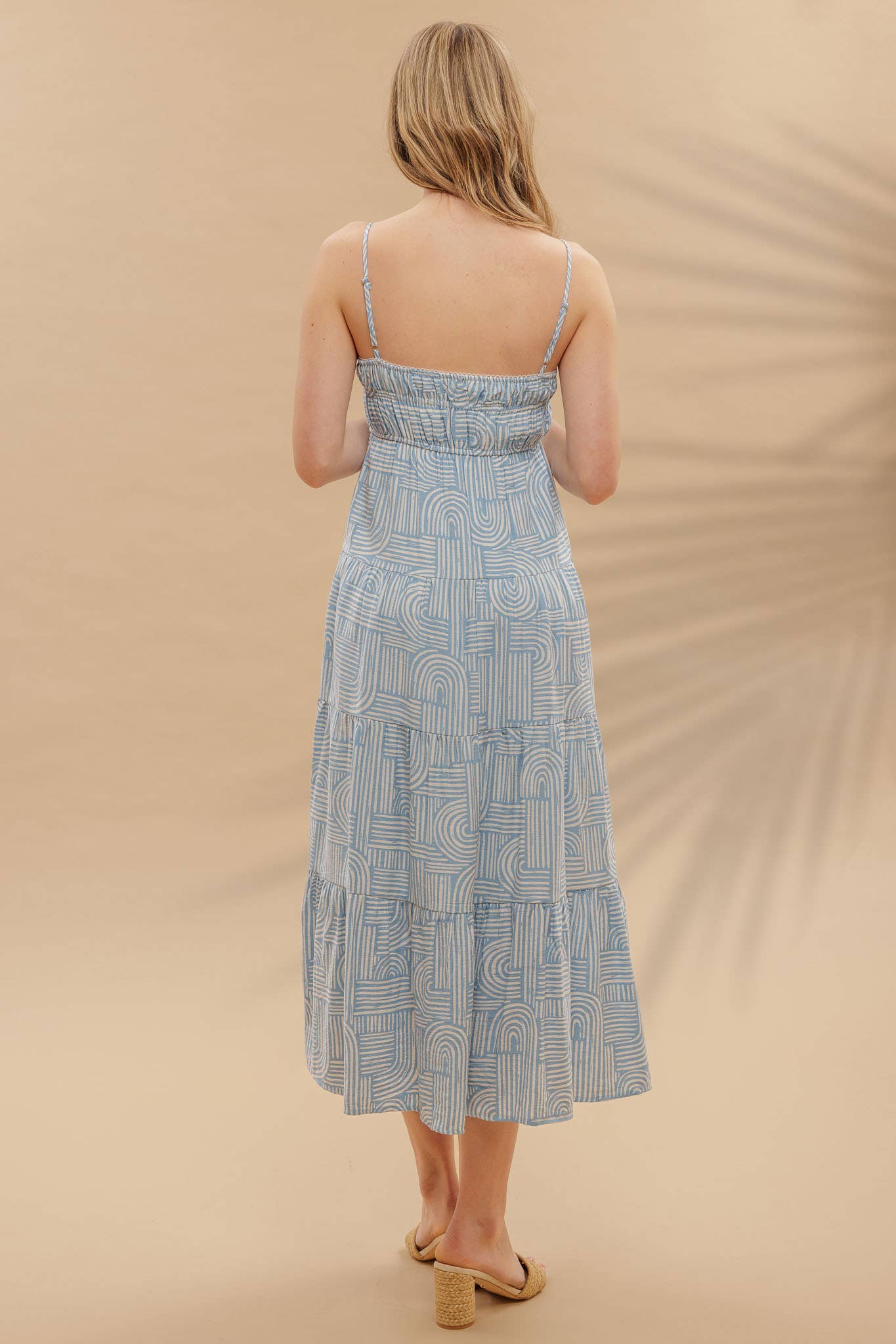 Abstract Print Empire Waist Tiered Midi Dress: LIGHT BLUE