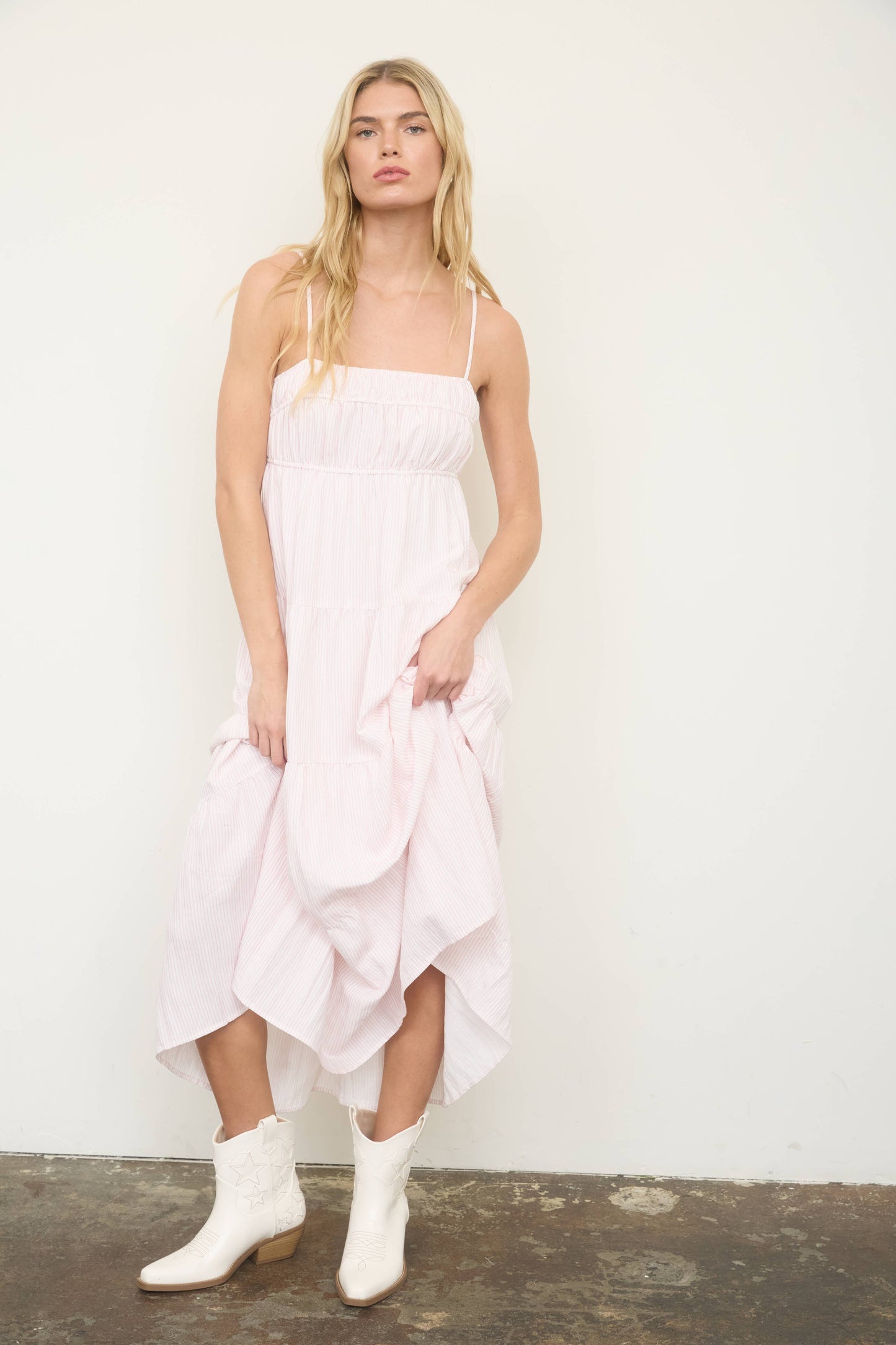 STRIPE SHIRRED EMPIRE WAIST TIERED MIDI DRESS: PINK