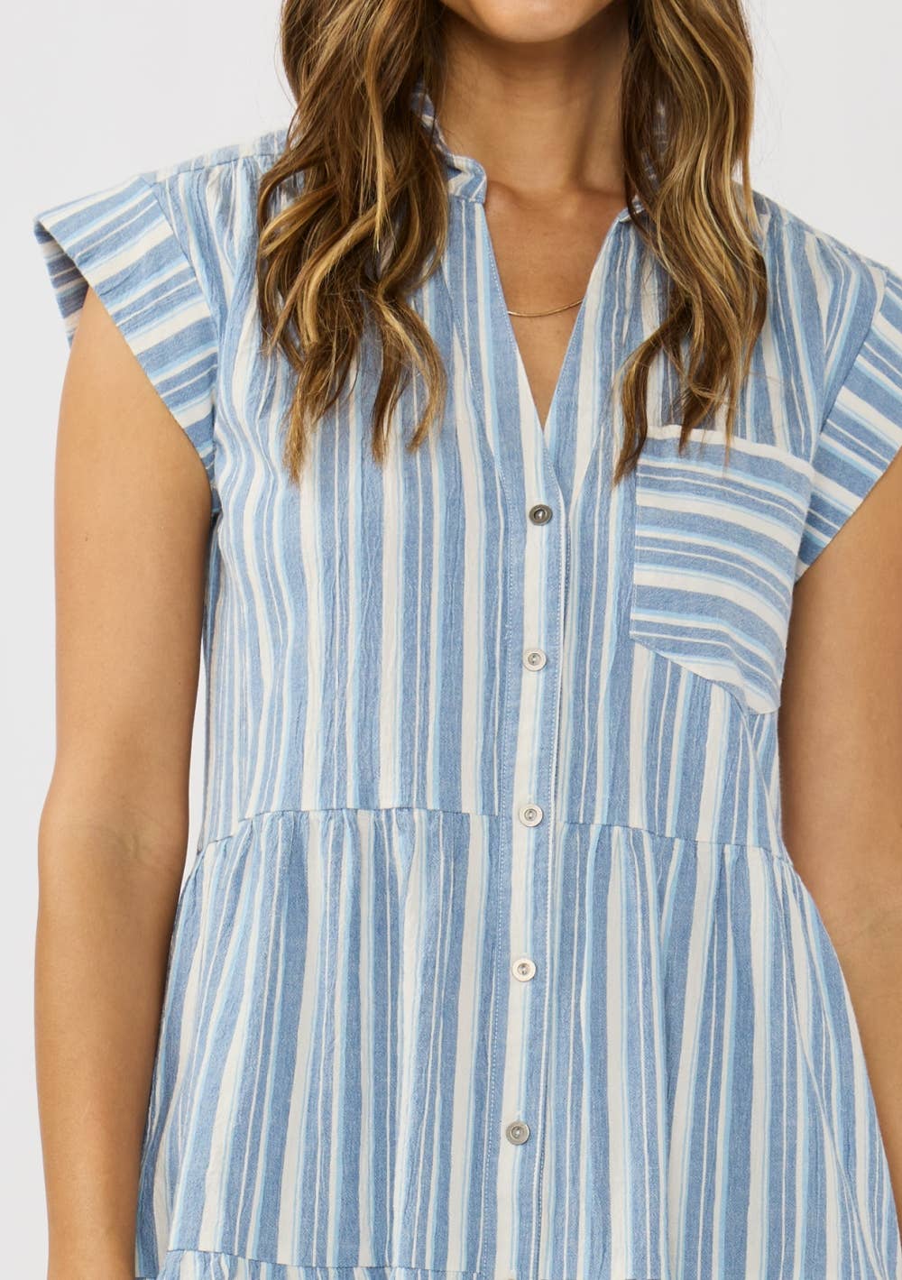 Striped Button-Down Tiered Mini Dress: Blue & White