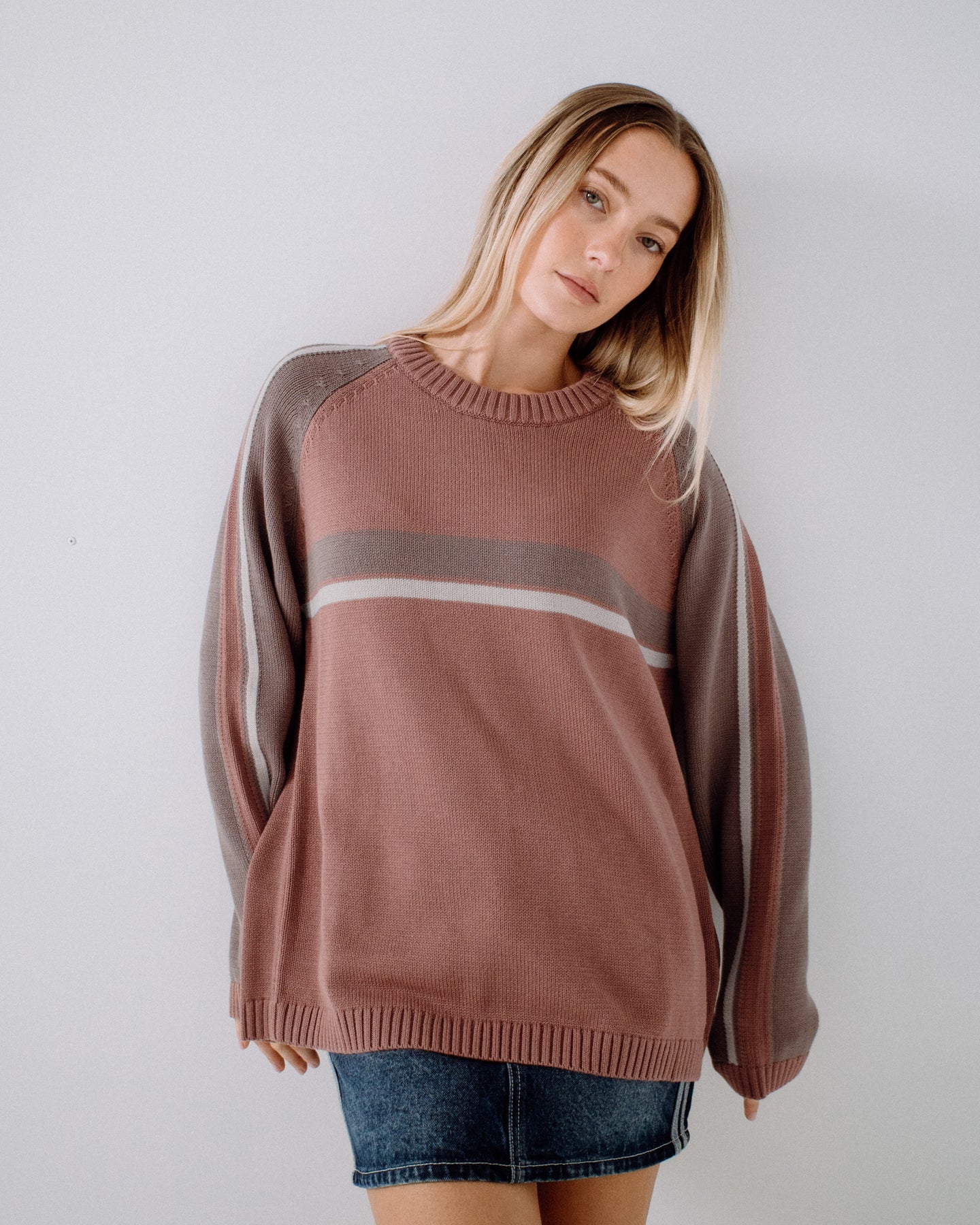 Rusty White Lines Two L/S Knit Crew Neck - Elderberry