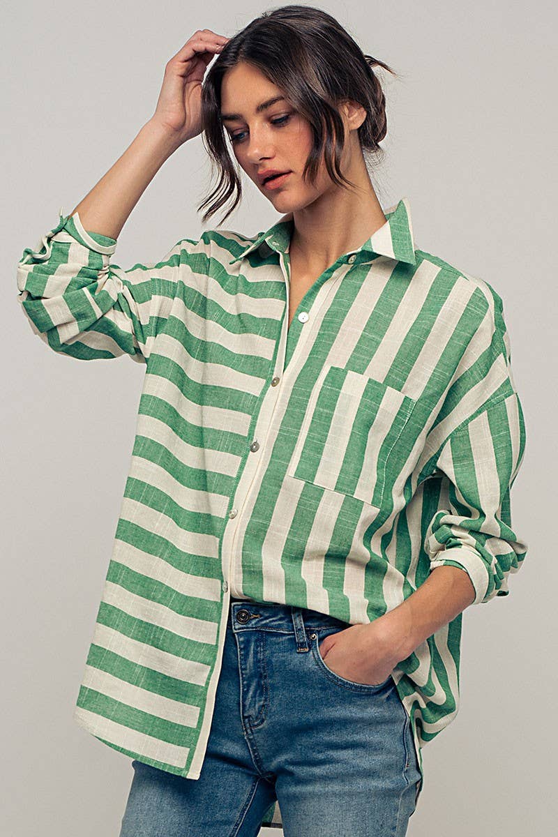 Mixed Stripe Pattern Oversized Button Down Shirt