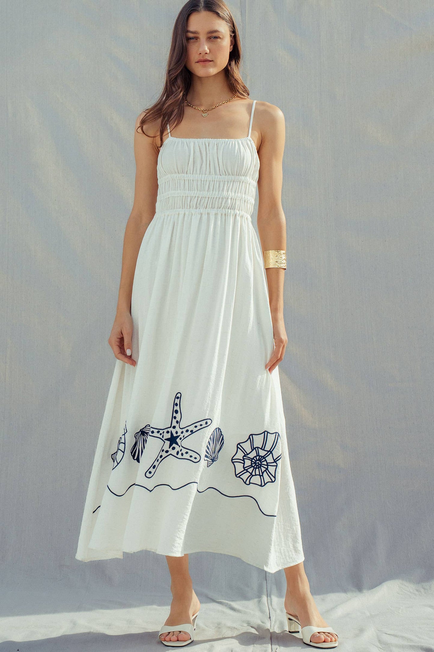 Seashell Embroidered Linen Blend Smocked Dress