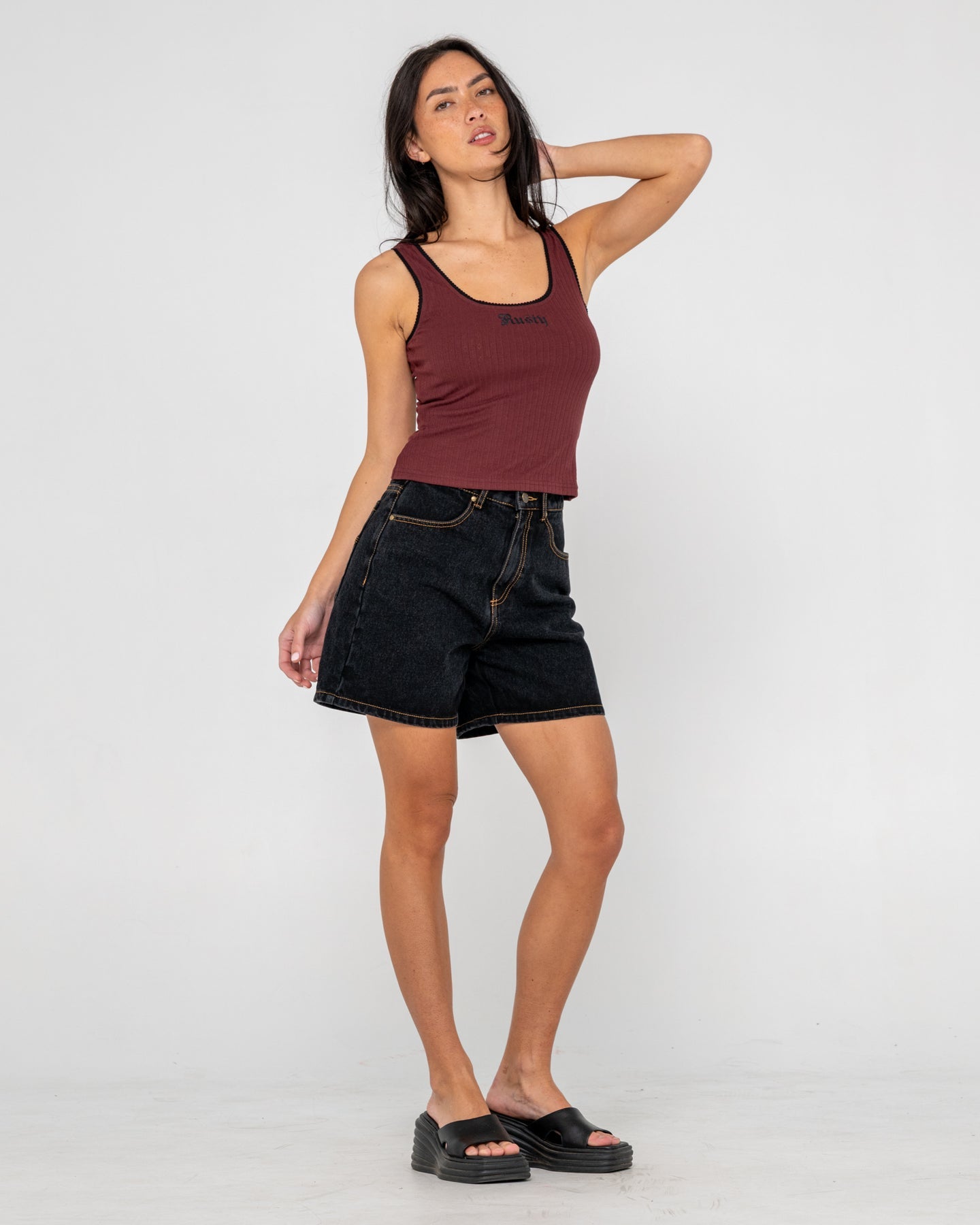 Rusty Cassian Ribbed Scoop Neck Singlet Top - Burgundy