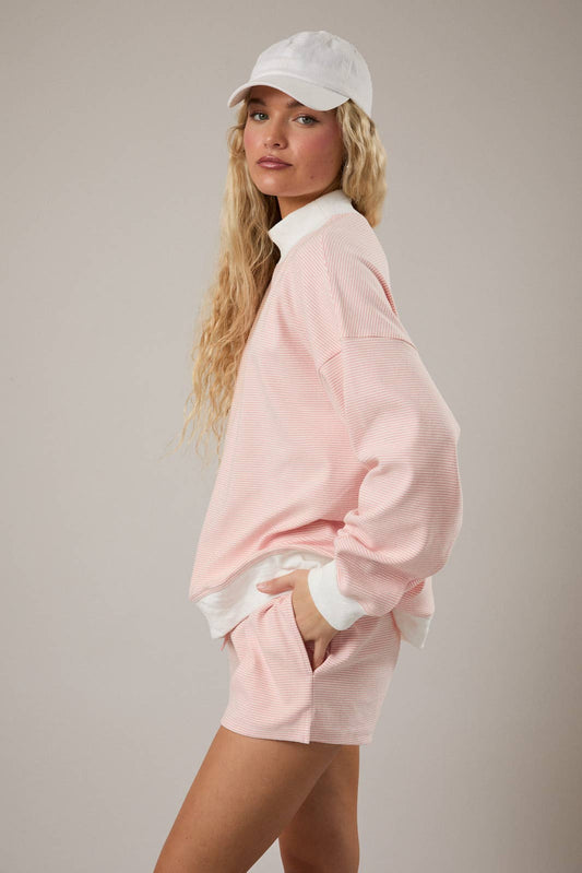 Mock Neck Stripe Sweatshirt - Peach Cream Stripe