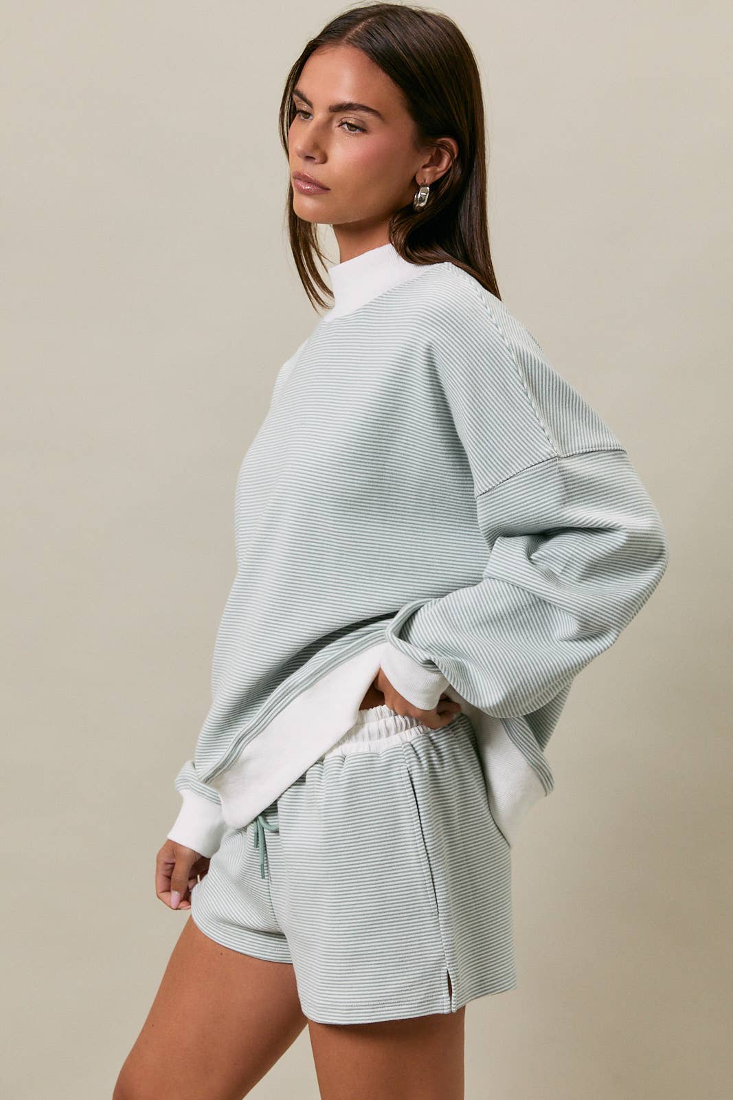 Mock Neck Stripe Sweatshirt - Sage Cream Stripe