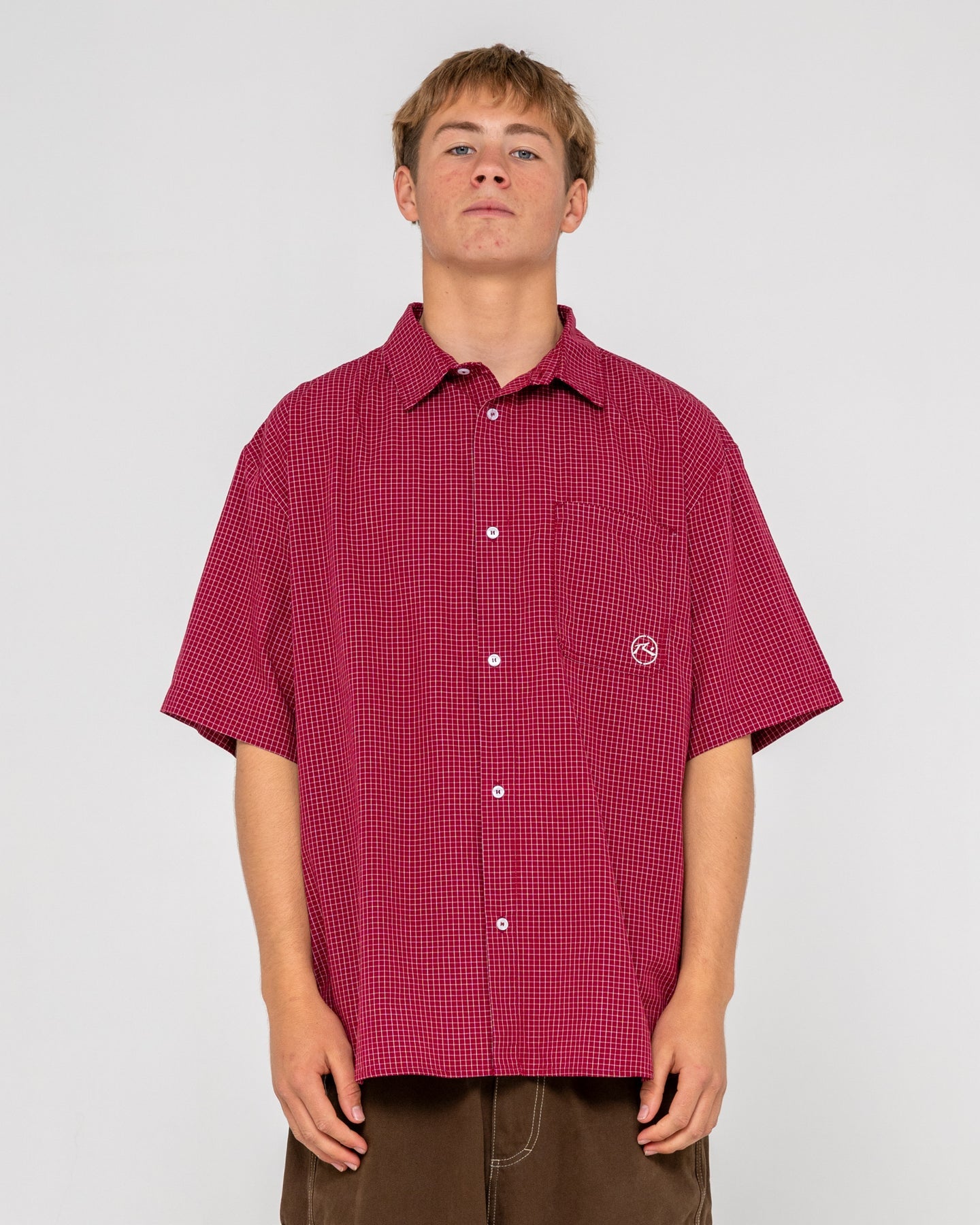 Rusty Ransom Check S/S Button Up Shirt - Burgundy