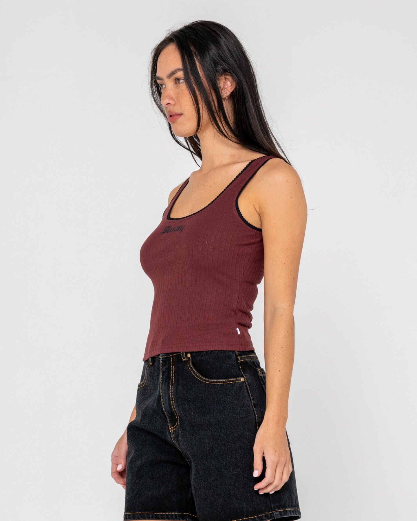 Rusty Cassian Ribbed Scoop Neck Singlet Top - Burgundy
