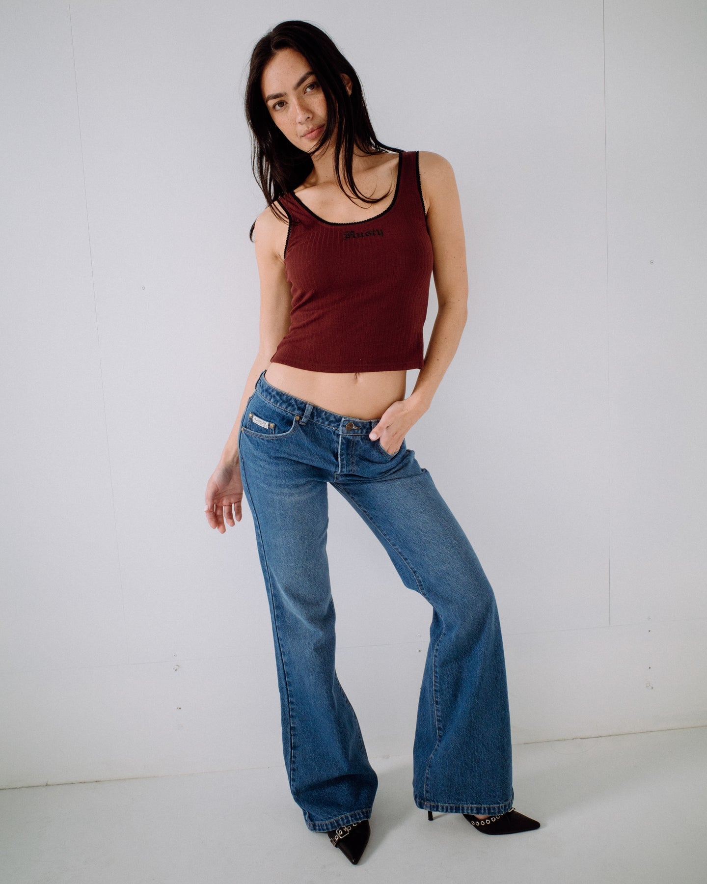 Rusty Freida Flare Low Rise Denim Jean - Blasted Middy Blue