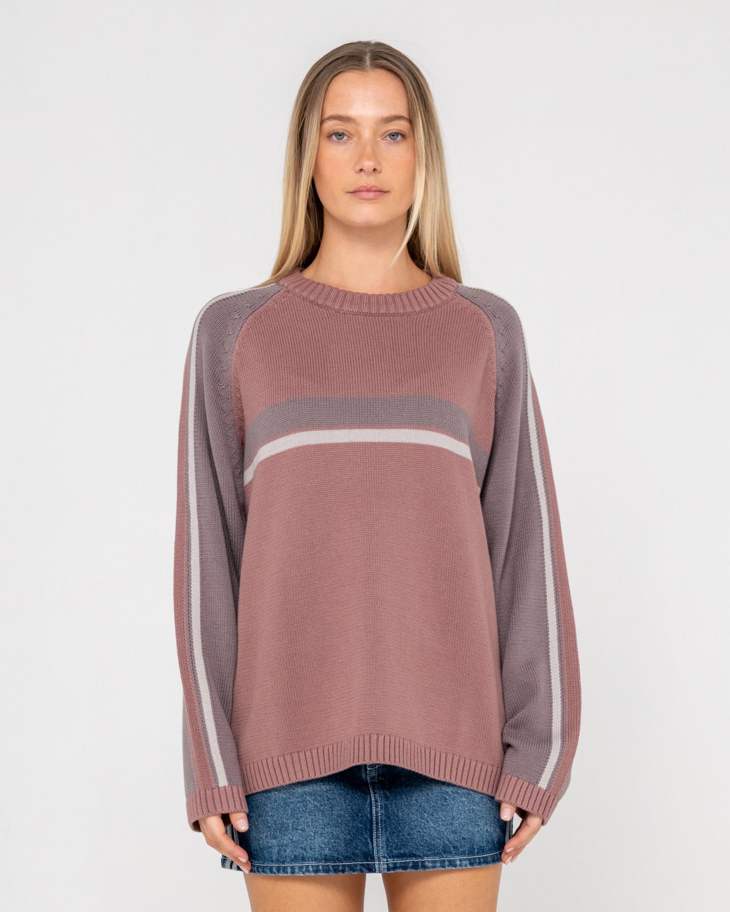Rusty White Lines Two L/S Knit Crew Neck - Elderberry