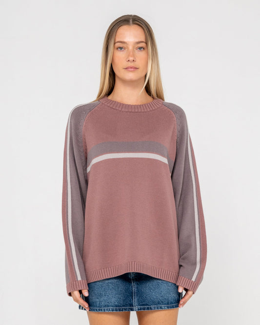 Rusty White Lines Two L/S Knit Crew Neck - Elderberry