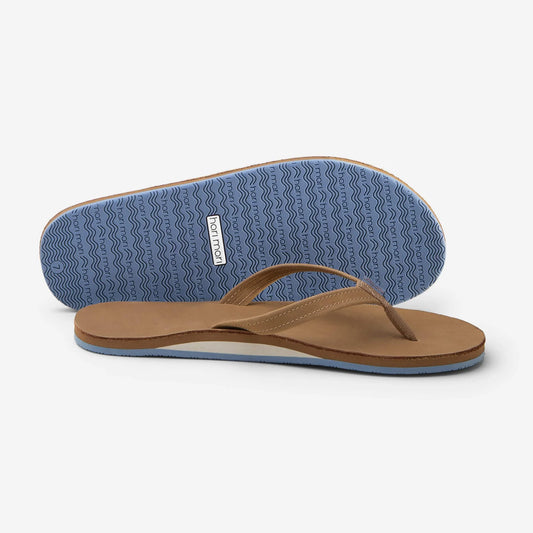 Women's Fields Flip Flops Premier Leather - Tan w/ Dusty Blue