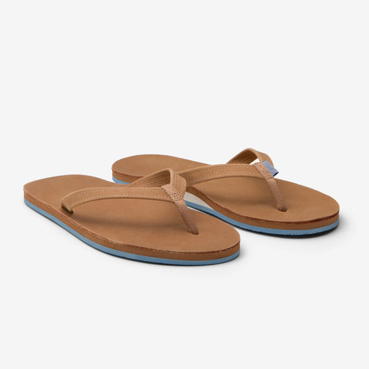 Women's Fields Flip Flops Premier Leather - Tan w/ Dusty Blue