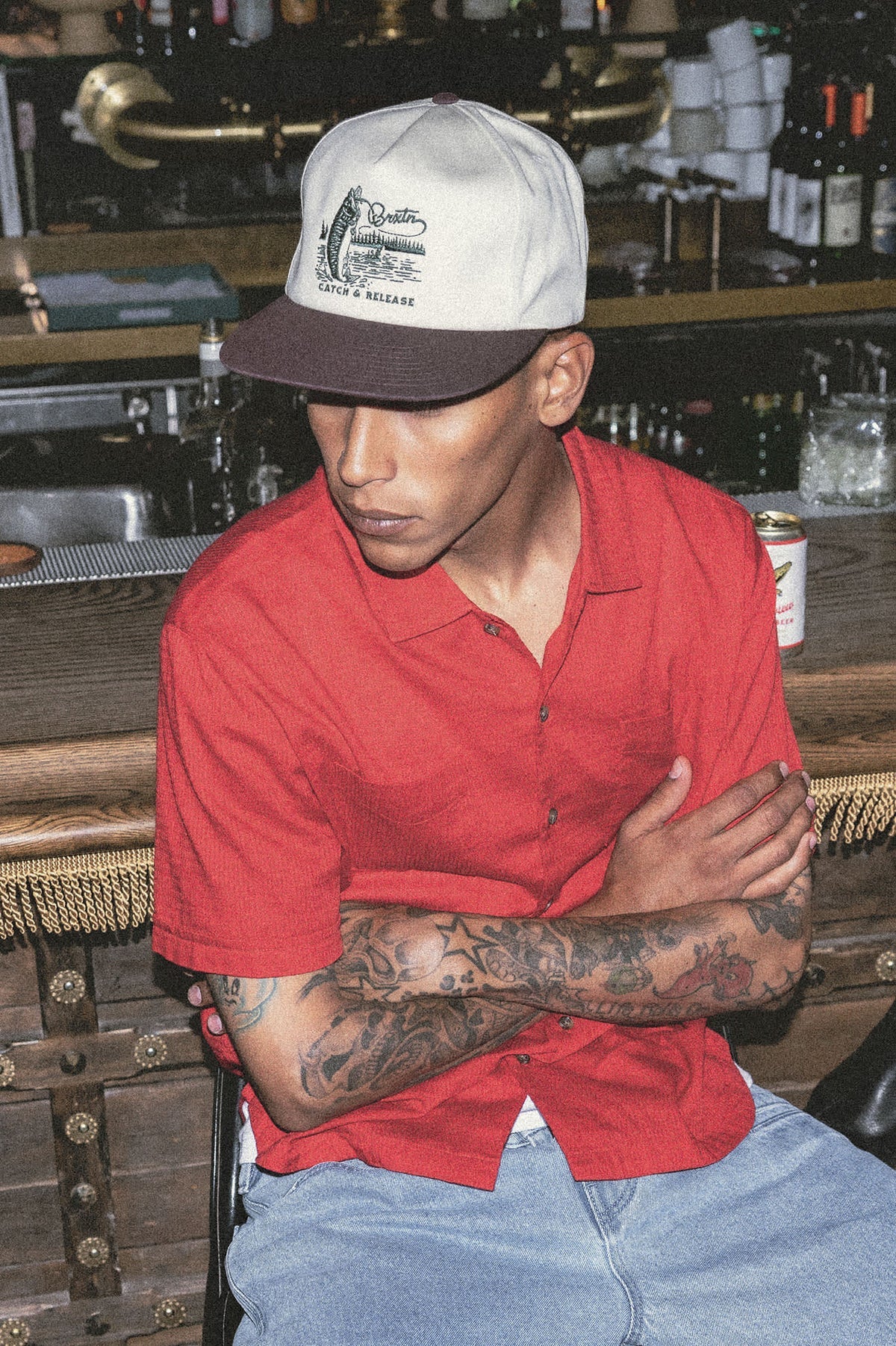 Brixton Catch and Release Snapback Hat - Off White/ Brown