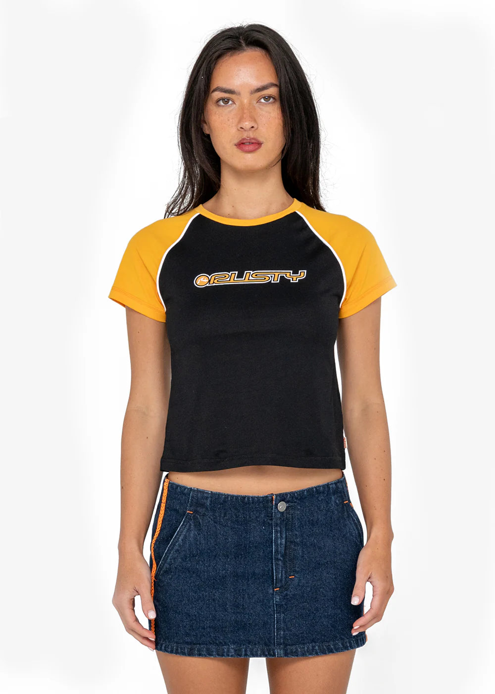 Archived Raglan Baby Tee - Black/Orange