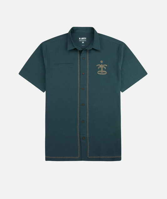 Marshall Embroidered Linen Short Sleeve Button Down Shirt - Blue