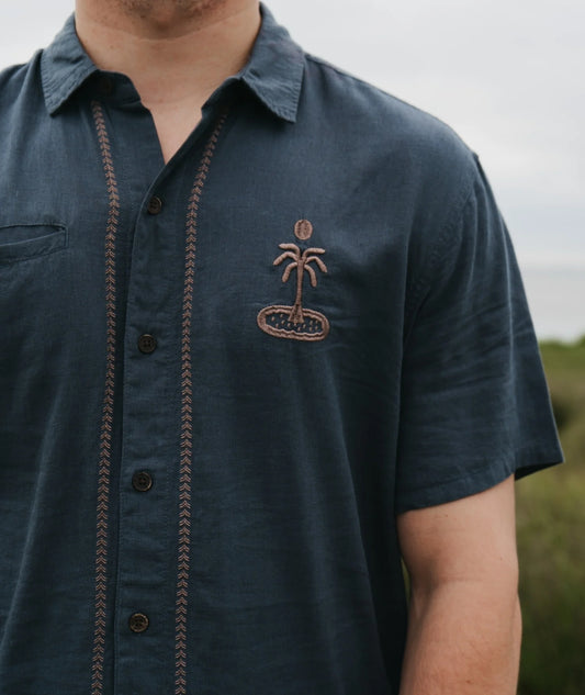 Marshall Embroidered Linen Short Sleeve Button Down Shirt - Blue