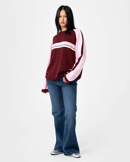 Rusty White Lines Two Crew Neck Knit - Burgundy