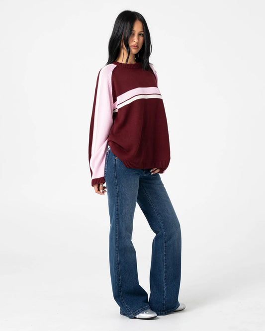 Rusty White Lines Two Crew Neck Knit - Burgundy