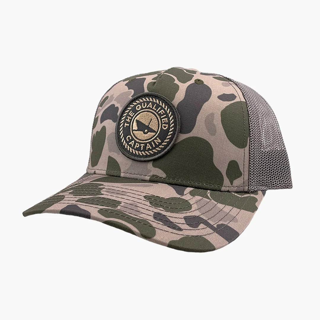 TQC Duck Camo Embroidered Patch Qualified Trucker Hat - Marsh Duck Camo / Charcoal